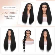 天然黑色長直髮帶 18 英寸 22 英寸 26 英寸頭髮合成女性日常潮流頭帶假髮彎直頭帶假髮長燒無膠無蕾絲假髮附合成頭帶假髮適合角色扮演派對服裝日常使用 - 黑色 - 查看 4