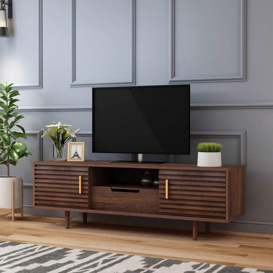 Retro TV Stand For TVs Up To 65" Wood TV Console Media Cabinet With Drawer, Sliding Door Storage Cabinet, Open Shelf Home Entertainment Center For Living Room And Bedroom, Brown 59" - màu nâu - Xem 1