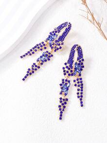 1pair Rhinestone Flower Earrings, Luxury Earrings For Women For Weddings And Parties - Royal Blue - View 2