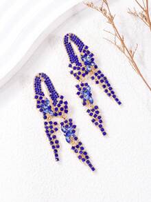 1pair Rhinestone Flower Earrings, Luxury Earrings For Women For Weddings And Parties - Royal Blue - View 3