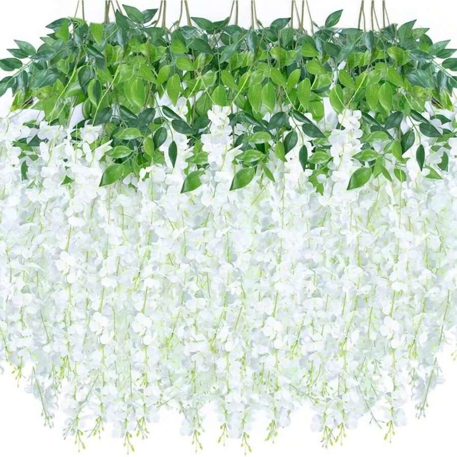 Dây hoa tử đằng tím 6/12/24 bông, dây hoa nhân tạo dài 3,75ft, vòng hoa tử đằng giả bằng lụa, dùng trang trí đám cưới, sân vườn, tường. - trắng - Xem 1