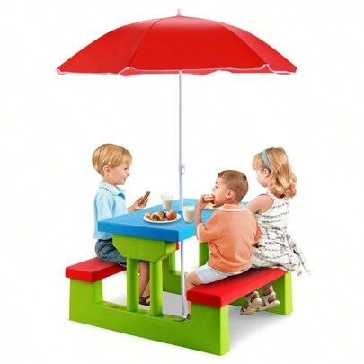 67x 79x 137cm Kids Picnic Table, Garden Bench Set With Detachable Parasol, Indoor Outdoor Children Activities Play Table