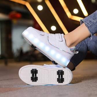 Kids' Led Light Up Sneakers With Rechargeable Flashing Roller Skate Wheels & Adjustable Size
