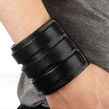 Conjunto de 3 pulseiras masculinas criativas retrô de PU com estilo hip-hop personalizado, pulseiras de casal unissex para decoração casual diária, pulseiras ajustáveis para estudantes - Preto - Ver 2