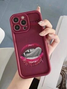 舌頭舔唇紅色性感英文繪製的新款高端溝槽皮膚般厚防摔手機殼，適用於蘋果15promax三星A52/A13/A14/S22ultraS23/S23ultra/Youth RedMi 11，iPhone14promax/13/12mini/Xs/Xr/11/7plus/8p/78ES26s - 彩色 - 查看 1