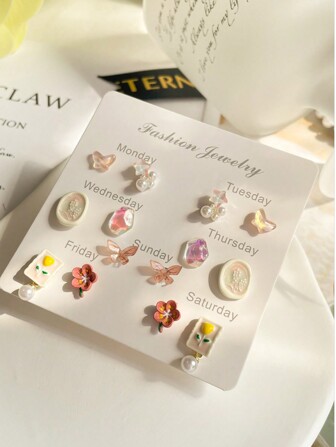 1 套/12 件甜美酷炫风格 3d 花朵耳钉套装，可与蝴蝶和人造珍珠吊坠耳环堆叠搭配，精致的女士耳饰，适合日常佩戴，适合节日礼物情人节、妈妈、母亲、母亲节、礼物