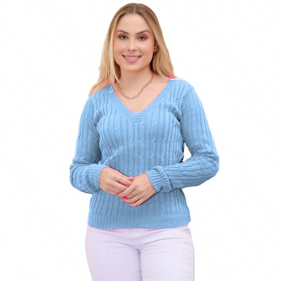 Women Knit Tops - Màu xanh nhạt - Xem 1
