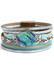 1 件波西米亚风宝石饰皮革缠绕手链，适合女士、少女、可叠戴手链、妈妈礼物、圣诞节、感恩节、万圣节、婚礼、狂欢/舞会/派对/日常配饰、周年纪念礼物、情人节、波西米亚风珠宝、生日、伴娘礼物 - 薄荷綠 - 查看 3