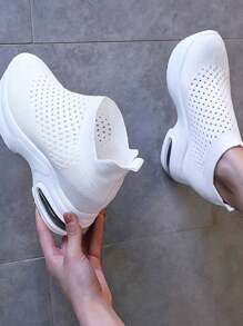 Women's Thick-Soled Elevator Shoes With Mesh Upper, Spring/Summer 2024 New Arrival, Slouchy Slip-On, Casual & Versatile, Soft Bottom, White