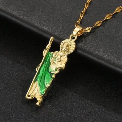 1 Peça Colar com Retrato de Marie Design Verde Esmaltado e Zircônia Cúbica Banhado a Ouro, Presente Versátil Minimalista de Moda Retrô Esportiva Punk Unissex para Homens, Mulheres e Casais, Adequado para Rua, Uso Diário e Festivais