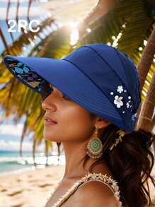 1 pezzo Nuovo cappello da secchio alla moda per donne, da viaggio e all aperto, con protezione solare, a tesa larga e pieghevole, con foro per la coda di cavallo, decorato con perle finte e motivo a foglie, adatto per uso casual quotidiano