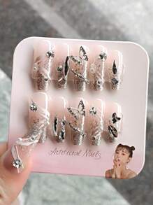 更新您的外观 24 件手工 3D 绘画超光泽按压指甲长棺材渐变银色闪光蝴蝶轮廓假指甲带水钻光泽可重复使用人造假指甲女士美甲用品指甲 - 粉色 - 查看 2