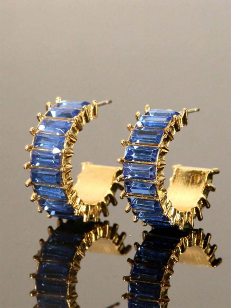 أقراط حلقة موضة مليئة بالزركونيا المكعبة مرصعة بالكامل بإبرة فضية، أقراط أنيقة ومتعددة الاستخدامات للنساء - الأزرق - مشاهدة 1