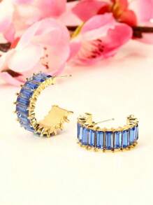 أقراط حلقة موضة مليئة بالزركونيا المكعبة مرصعة بالكامل بإبرة فضية، أقراط أنيقة ومتعددة الاستخدامات للنساء - الأزرق - مشاهدة 2