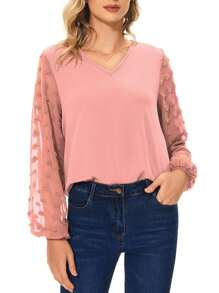 Swiss Dot Tops For Women Lantern Puff Long Sleeve V Neck Chiffon Loose Hem Blouses Fall Summer Dressy Casual Work Shirts - 粉色 - 查看 1