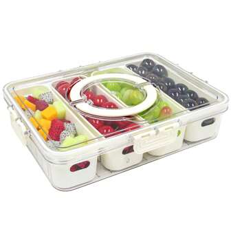 帶有蓋子和手柄的分隔式服務托盤零食盤容器,4個隔層便攜式食品儲存盒,零食碗,保鮮盒,蔬菜組織者,適合冰箱 (4個隔層)