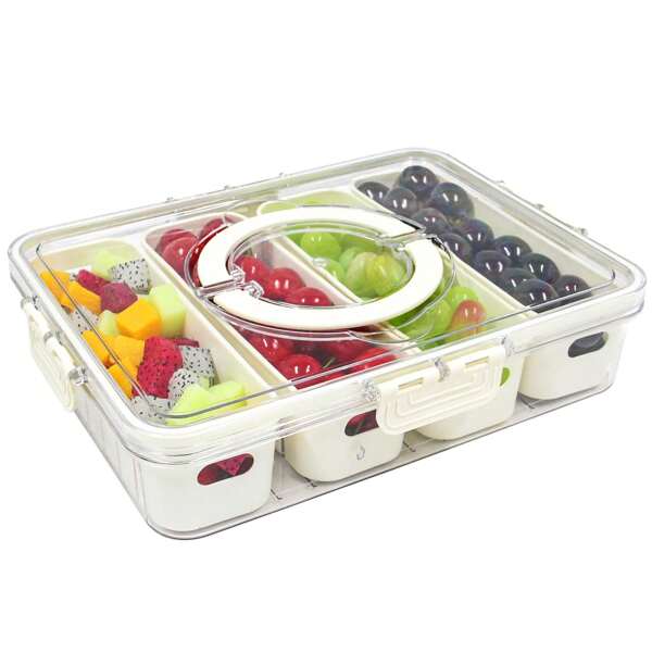 صحن تقديم وجبات خفيفة مقسم بغطاء ومقبض، صندوق تخزين الأطعمة المحمولة بأربعة أقسام، وعاء للوجبات الخفيفة، صندوق الحفظ الطازج، منظم الخضروات للثلاجة (4 مقصورة)