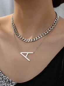 1套個性化時尚雙層簡約鎖頸鏈及鍊子字母吊墜頸鏈套裝