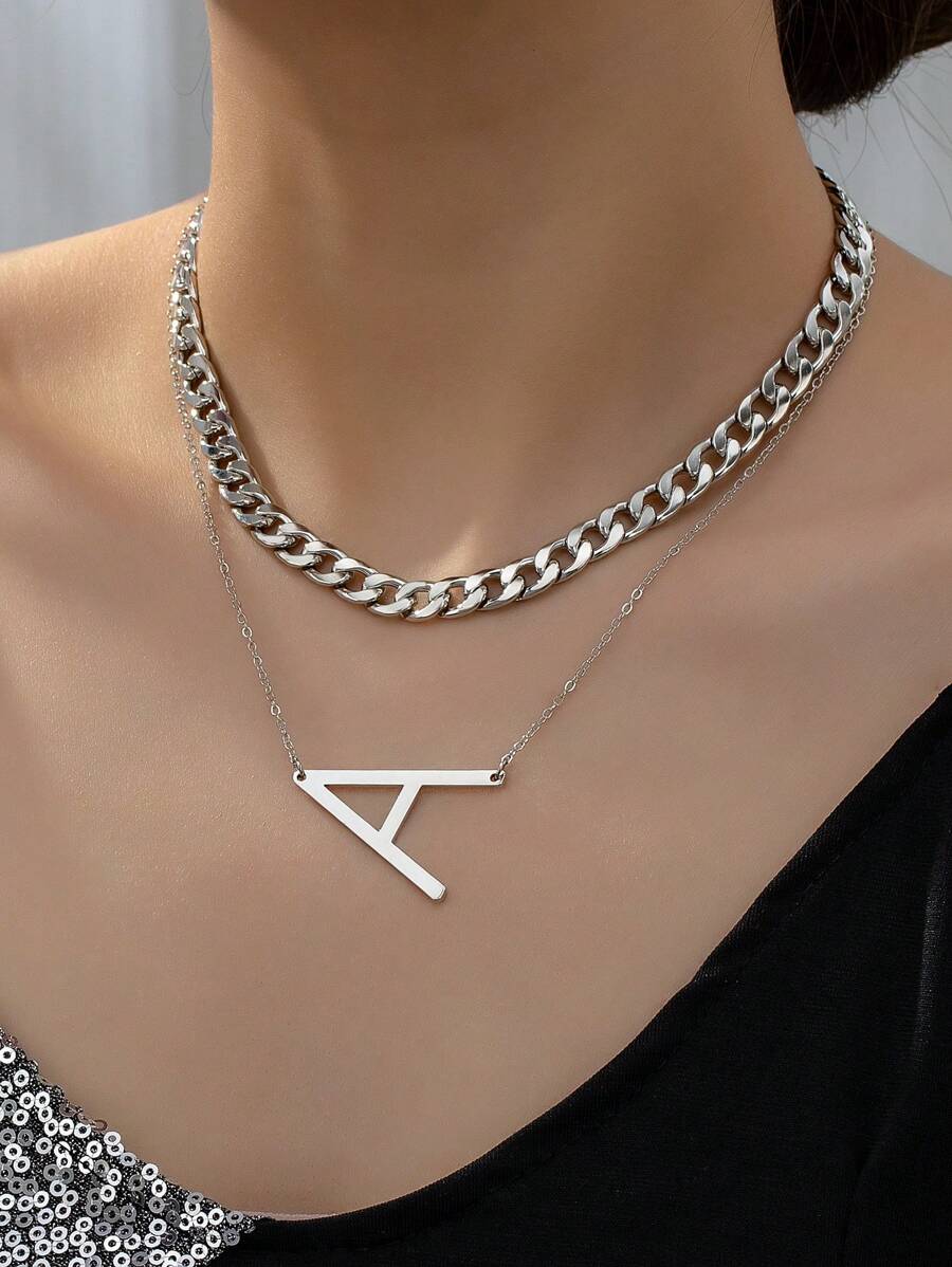 1套個性化時尚雙層簡約鎖頸鏈及鍊子字母吊墜頸鏈套裝