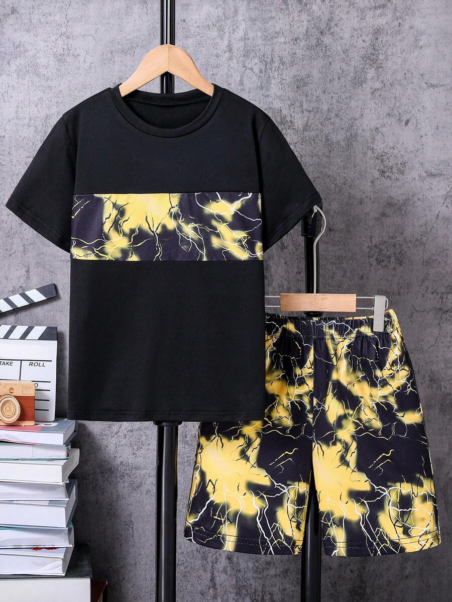 2 件套 Tween Boys 休闲渐变色闪电图案 T 恤和短裤套装，春夏 - 黃色 - 查看 1