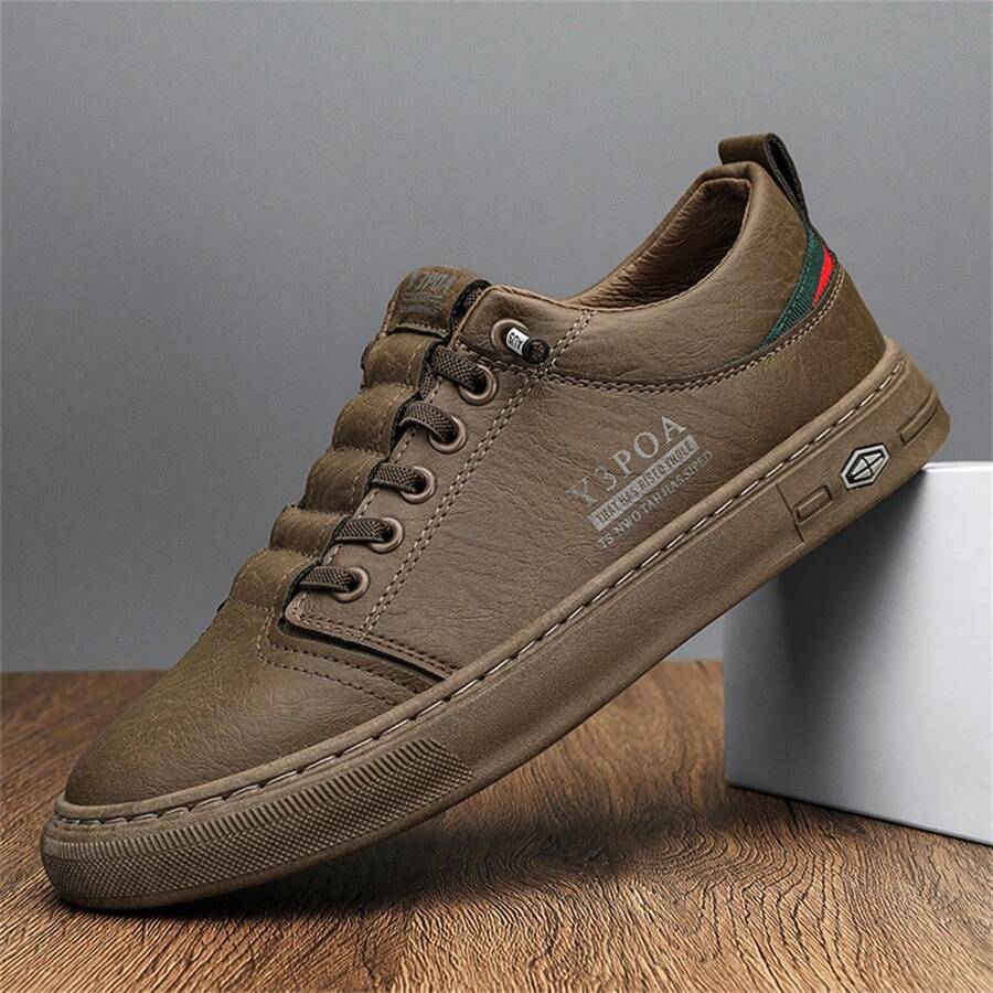 2024春季新款商务休闲皮鞋时尚软底男士滑板鞋百搭步行运动鞋 - 卡其色 - 查看 1