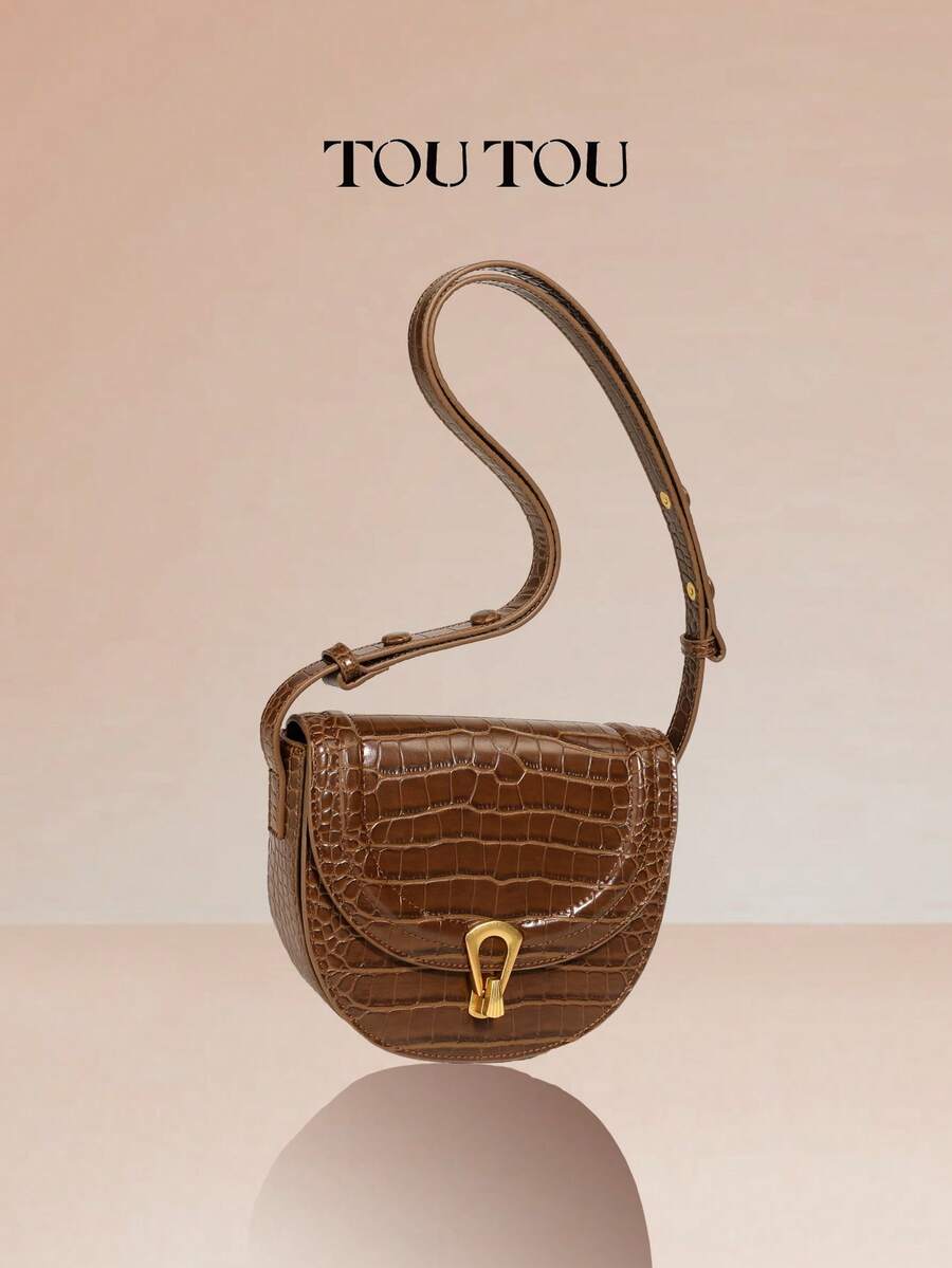 Toutou女包秋冬新款复古鳄鱼纹半月形马鞍包配肩带通勤风品质斜挎包40663 - 棕色 - 查看 1