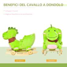 Cavallo a Dondolo con Ruote, Cavalluccio a Dondolo a Forma di Drago per Bambini 18-36 Mesi, in Legno e Peluche Verde - Verde - Visualizzare 6