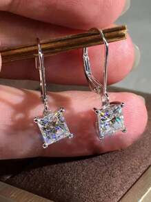 1 對優雅方晶鋯石女式吊式耳環結婚紀念日訂婚派對珠寶情人節禮物 - 銀色 - 查看 11