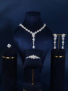 4入組銀色時尚立體鑽石星空珠寶套裝,包含項鍊,耳環,手鏈和開口戒指,適合女性日常佩戴 - 銀色 - 查看 6