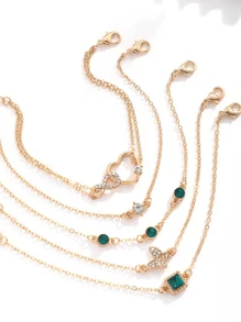 5pcs/Set Europe And America Style Vintage Butterfly & Heart Shaped Rhinestone Inlaid Bracelet Valentines,Mom,Mother,Mother's Day,Gift - Gold - View 4