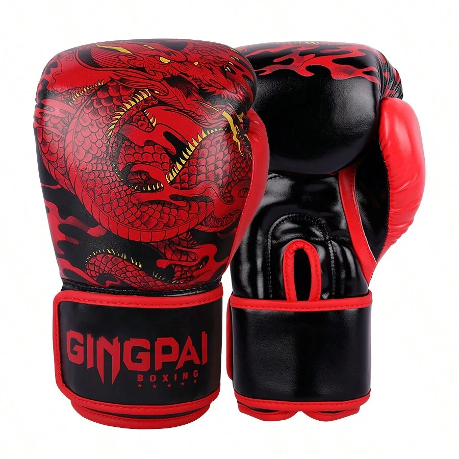 GINGPAI BOXING 1雙黑紅色龍紋拳擊手套,專業成人踢拳手套適合青年mma訓練、拳擊袋、健身器材、家用格鬥拳套耐用