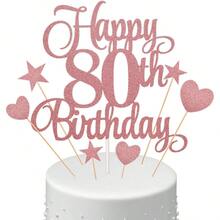 1套黑/金/玫瑰金多彩蛋糕上裝飾，用於10、16、18、20、30、40、50歲生日慶祝活動，包含數字、英文字母、星星和心形蛋糕插卡 - 玫瑰金 - 查看 9
