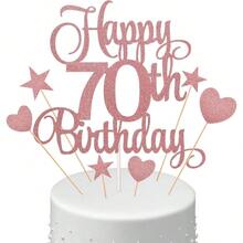 1套黑/金/玫瑰金多彩蛋糕上裝飾，用於10、16、18、20、30、40、50歲生日慶祝活動，包含數字、英文字母、星星和心形蛋糕插卡 - 玫瑰金 - 查看 8