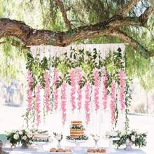 Bộ 6/12/24 bông hoa tử đằng, dây hoa nhân tạo dài 3,75ft, vòng hoa tử đằng giả bằng lụa, dùng trang trí đám cưới, sân vườn, tường. - Hồng - Xem 6