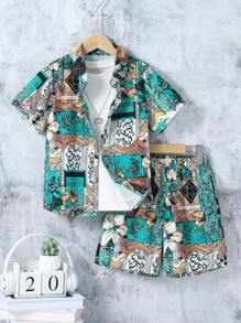 2pcs Set Tween Boy Retro Pattern Retro Print Short Sleeve Polo Shirt And Matching Shorts, Spring/Summer Outfit