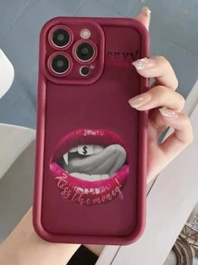 舌頭舔唇紅色性感英文繪製的新款高端溝槽皮膚般厚防摔手機殼，適用於蘋果15promax三星A52/A13/A14/S22ultraS23/S23ultra/Youth RedMi 11，iPhone14promax/13/12mini/Xs/Xr/11/7plus/8p/78ES26s - 彩色 - 查看 3