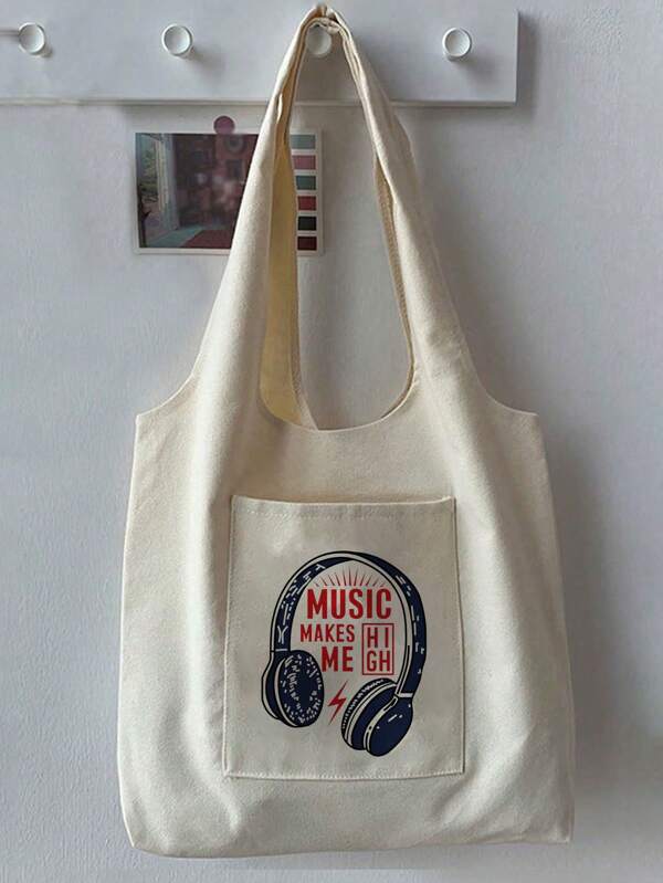 A Beige Fashionable Canvas Tote Bag With "Musicismylife" Letter Print And Black Headphone Wire For Ladies To Wear During Music Festivals Or Outings,Featuring A Simple Vest Design With Pockets,And Portable For Shopping, Large Capacity Grocery Bag For Travel, Picnic, Camping, Outdoor & Adventures,Preppy Book Bag For Book Week, Tote Bags For Students, Multiple Compartments, Perfect For Beach, School, Work & Daily Use, Literary School Bag & Book Bag For Women Or Students, Perfect For Books, Shopping, Back To School And More
