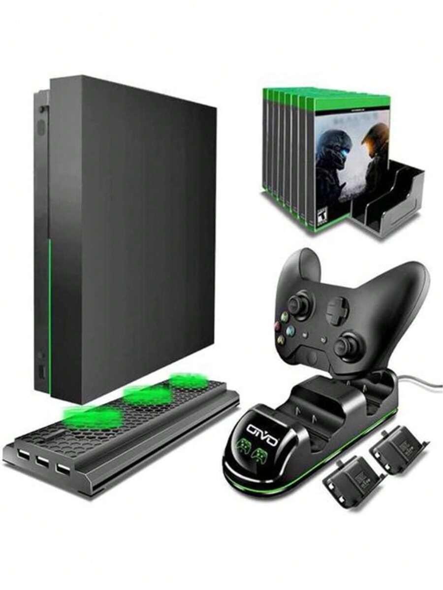 Kit 4 em 1 Suporte Base Vertical Com Cooler 2 Baterias Dock Xbox One X - Preto - Visão 1