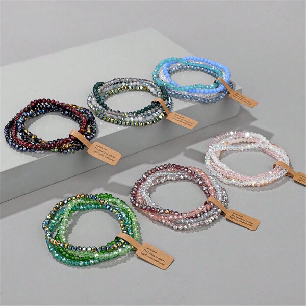 VKHK Set Di 4 Braccialetti Elastici Con Perle Di Cristallo Sfaccettate Colorate 3x4mm Per Donna, Uomo, Coppia, Regalo Di Gioielli Per Anniversario