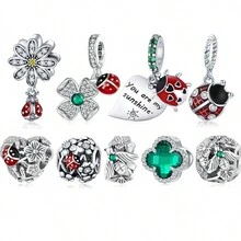 bamoer 925純銀瓢蟲珠寶嵌入昆蟲吊飾四葉草珠寶,適用於女性手鍊和項鍊diy高級珠寶 - 銀色 - 查看 1