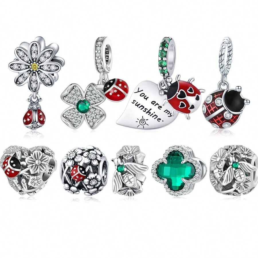 bamoer 925純銀瓢蟲珠寶嵌入昆蟲吊飾四葉草珠寶,適用於女性手鍊和項鍊diy高級珠寶 - 銀色 - 查看 1