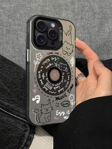 1入組卡通塗鴉黑膠唱片貓紋手機殼 - 黑色 - 查看 1