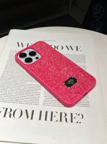 1PC Rose Skin Texture Full Rhinestone Protective Phone Case Compatible With IPhone 15 Pro Max Waterproof Shockproof Anti-Fall Scratch Resistant - Hot Pink - View 3