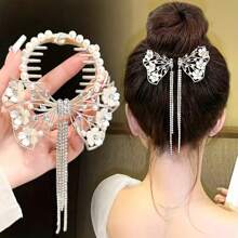 1 件精美合金发夹，带蝴蝶花朵设计和仿珍珠 - 别致水钻流苏球头发夹 - 金色 - 查看 2