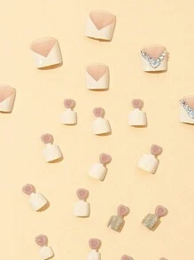 24入組新款夏季純色奶白色鑽石腳趾假甲+1入組果凍凝膠+1把美甲修甲工具套裝 - 彩色 - 查看 3