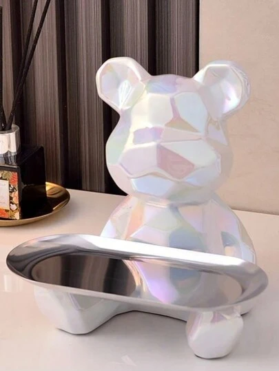 1pc Abstract Ceramic Plating Bear Statue With Tray Organizer, Can Be Used As Key, Cosmetic Storage Tray And Piggy Bank, Bookshelf Ornament Decoration. Best