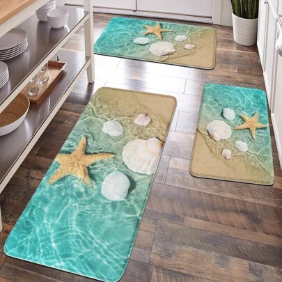 1pc Ocean Series Soft Plush Surface Anti-Fatigue Mat, Bathroom Decor, Kitchen Decor, Entryway Doormat, Hallway Rug With Starfish & Seashell Pattern