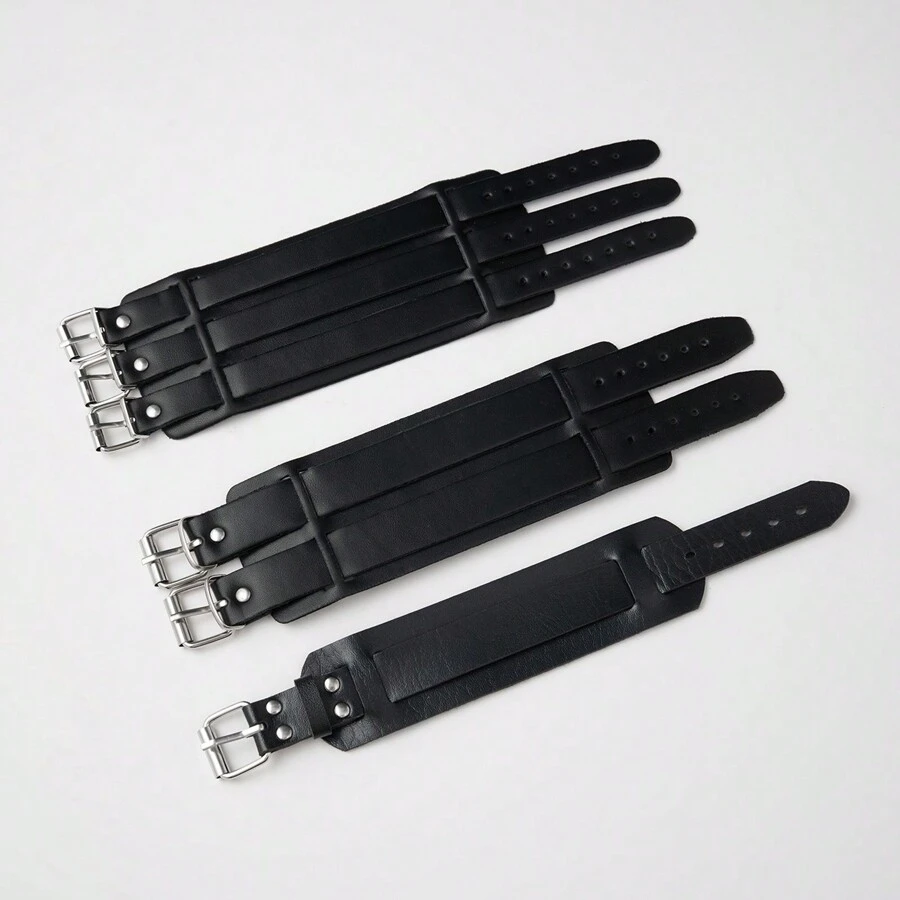 Conjunto de 3 pulseiras masculinas criativas retrô de PU com estilo hip-hop personalizado, pulseiras de casal unissex para decoração casual diária, pulseiras ajustáveis para estudantes - Preto - Ver 1