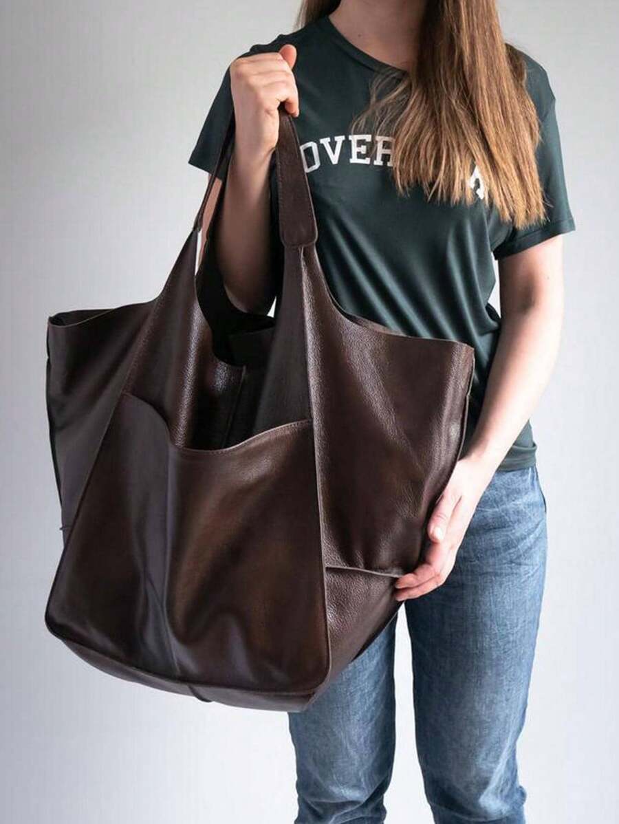 時尚休閒柔軟大容量托特包女式手提包,仿老化金屬豪華pu皮革肩袋大容量托特包,復古風格仿皮手提包,帶前袋,適用於工作和旅行