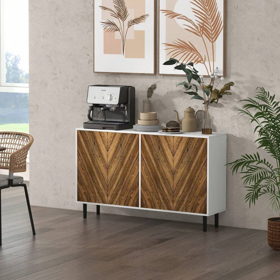 HOMCOM Sideboard Buffet Cabinet With Chevron Doors, Pine Wood Legs, Brown - 棕色 - 查看 1